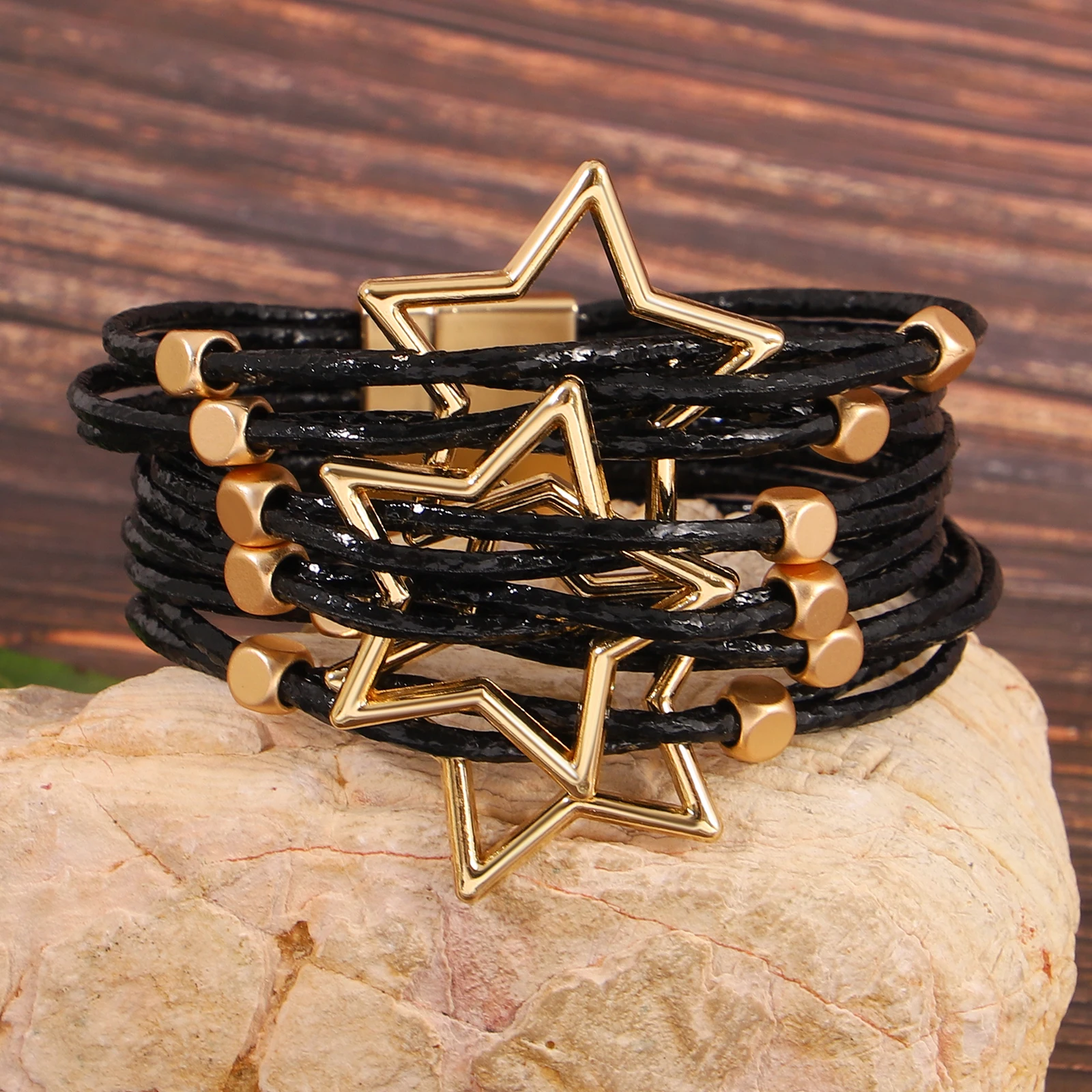 

Amorcome Classic Hollow Star Shaped Multilayer Leather Bracelet for Women Black Stackable Magnetic Buckle Bangle Hand Accessorie