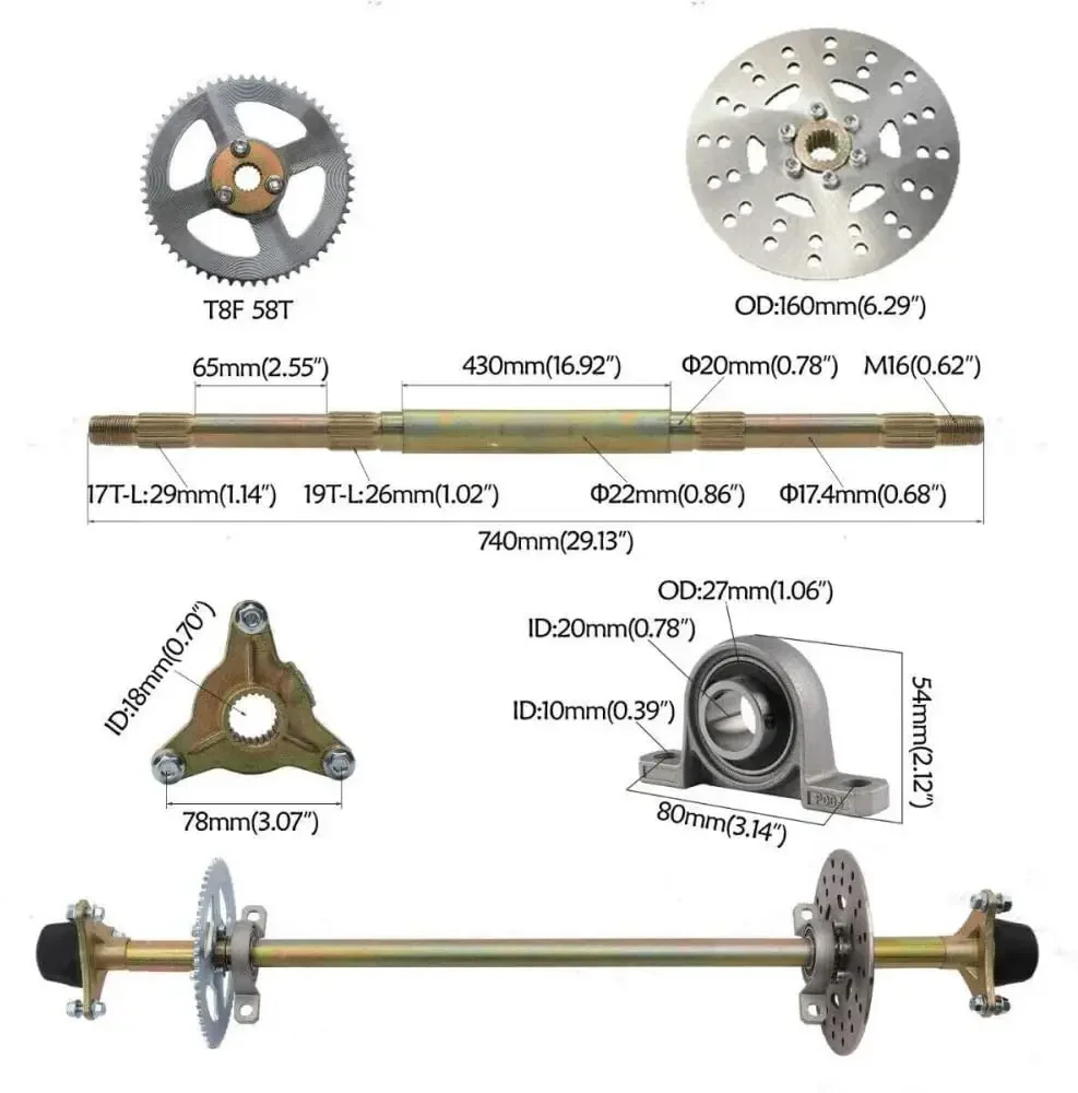 740 mm achterasasset voor Go Kart Quad Trike Drift Bikes, met remconstructie + paar kussenblokken + T8F-ketting