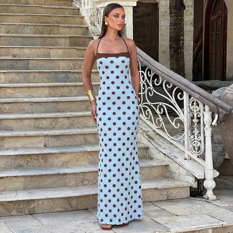 

2026 Summer New Product Blue Polka Dot Slim Neck Collar and Floor Dress