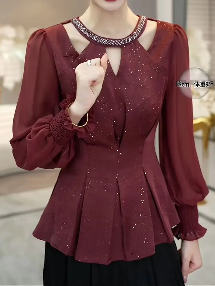 Fashionable Hollow Round Neck Shirt for Women 2025 Autumn New Casual and Versatile Slim Long-sleeved Pullover
