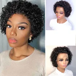 Short Curly Lace Frontal Wig 13x1 Human Hair PIxie Cut Wig Colored Brazilian Human Hair Wig For Black Women