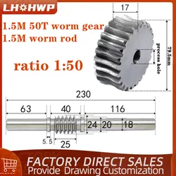 1 set 1.5 modulo 1.5 M asta a vite senza fine con ingranaggio a vite senza fine 1.5 M 50 T 50 denti 45 # rapporto di riduzione in acciaio 1:50 asta a vite senza fine con foro di processo