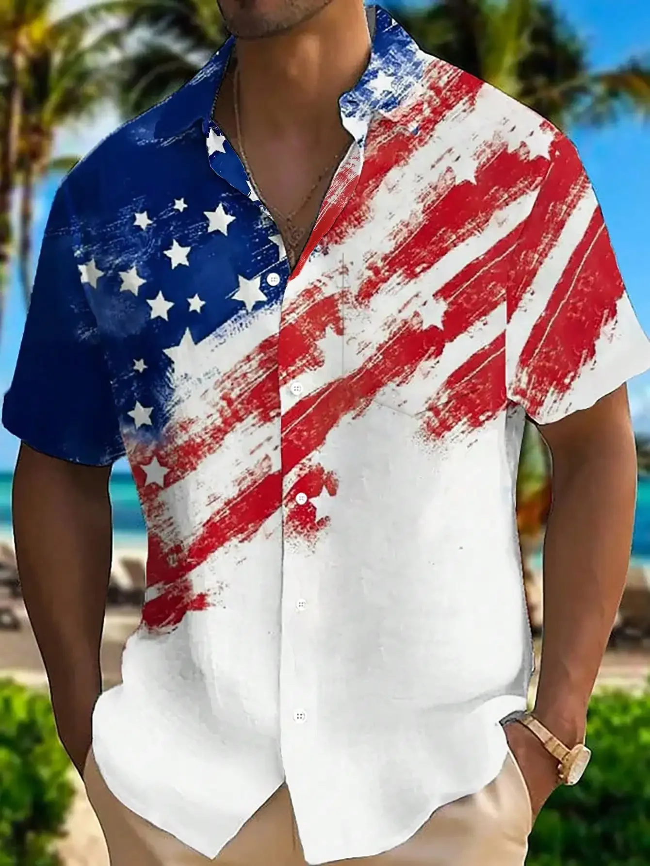 

Independence Day, the perfect gift,4th Of July U.S.A Flag Gradient Print Button-Down Short Sleeve Hawaiian Shirt, Plus Size Men