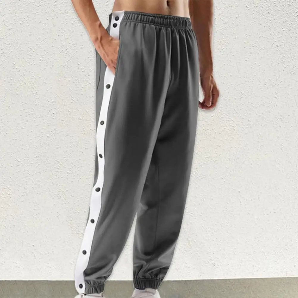 Mid-Rise Men Sweatpants Elastic Waistband Pockets Patchwork Color Side Button Placket Basketball Pants