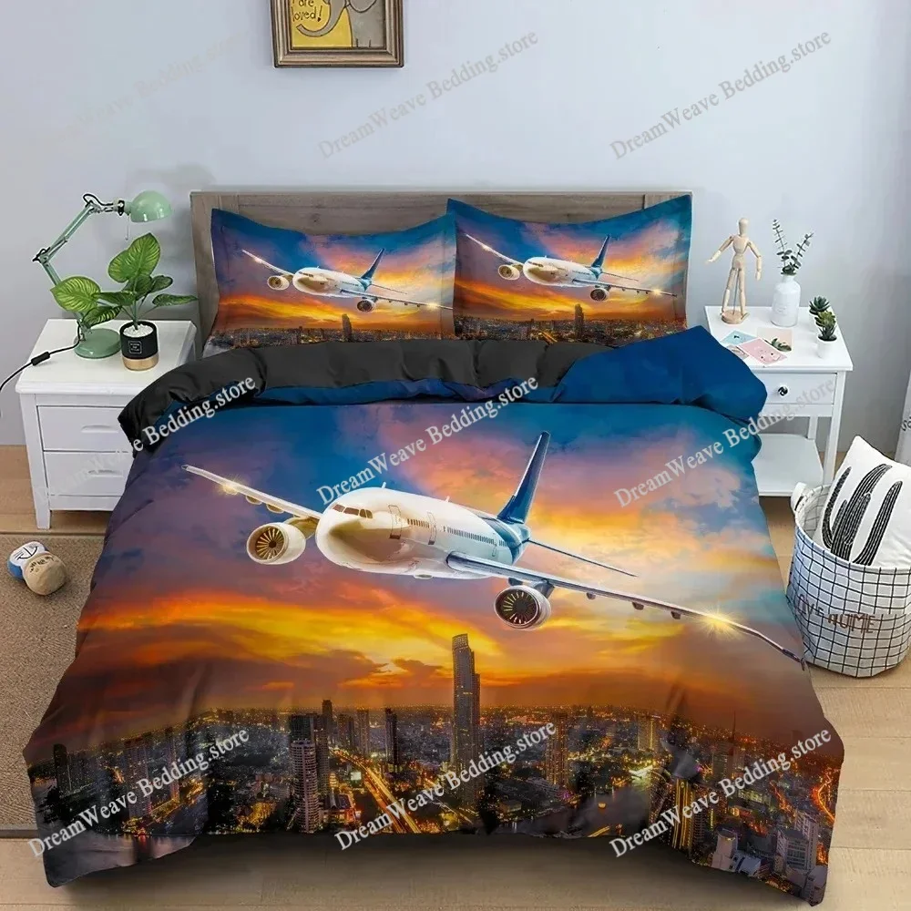 Boys Airplane Duvet Cover Set Children Teens Aviation Aircraft Runway Bedding Set 3D Airplane Cover Room Decortion for Adults