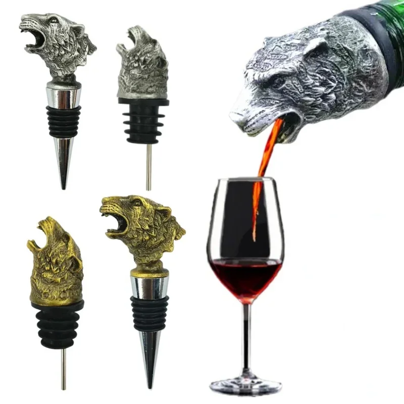 2pcs Creative Tiger Head Wine Mouth Zinc Alloy Wine Pourer Family Restaurant Holiday Gift Bottle Stopper Set Bar Tool