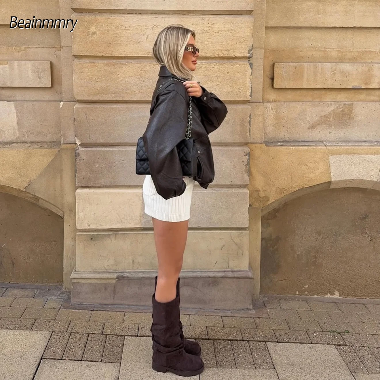 المرأة الصلبة الأسود بسيط التلبيب سترة جلدية موضة سحاب أكمام طويلة زر معطف 2025 الخريف سيدة شارع العليا فضفاض أبلى #4