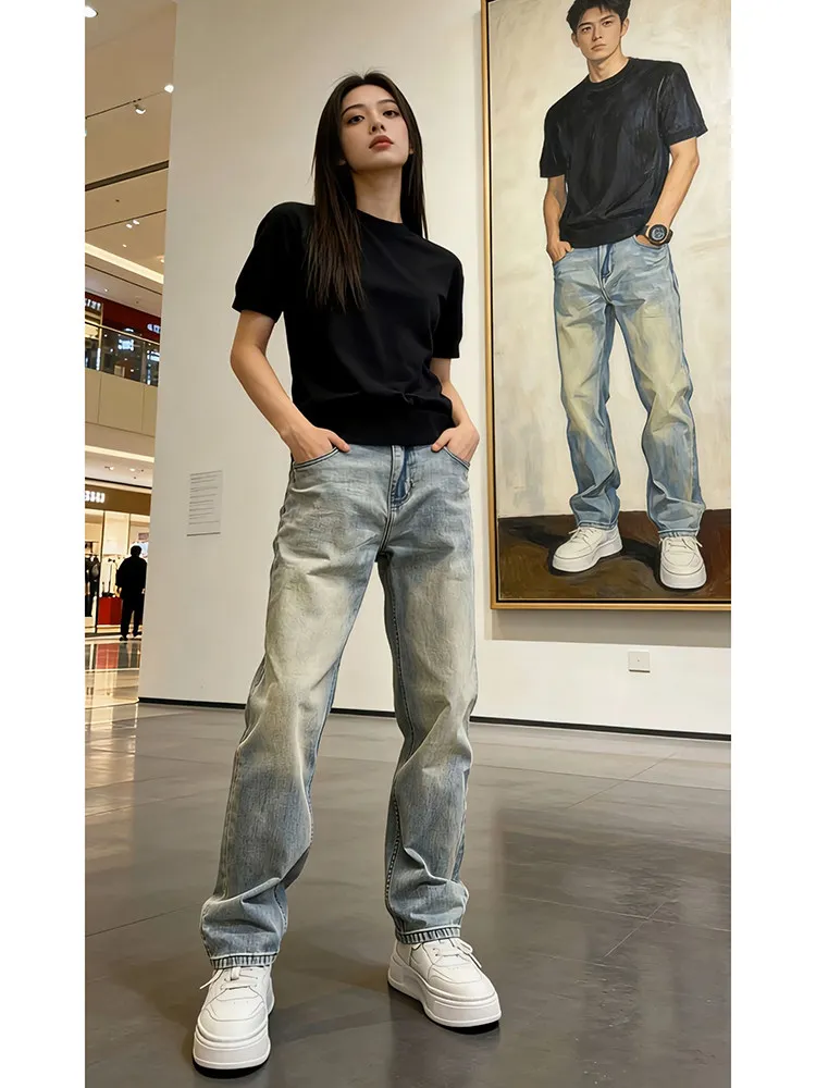 

American High Street Retro Blue Jeans Men's Slim Fit High Waist Micro Flare Pants Vibe Extended Straight Leg Pants