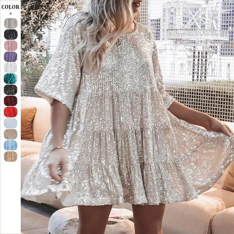 

Women's Sexy Puff Sleeves Sequins Mini Dress Casual Loose Solid Color Round Neck Dresses New Spring Birthday Party Dress Women