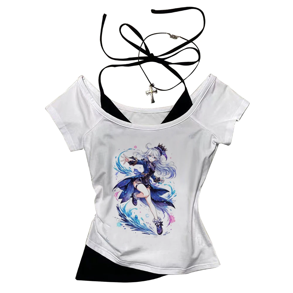 Genshin Impact Furina crop top women emo cute manga clearance sales kawaii t-shirt emo meme grunge cutecore manga