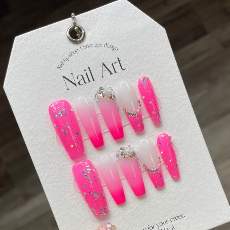 

Handmade Fake Nails Long Powder Nail Art Stickers Gradient French Coffin With Designed Acrylic Full Cover Nail Tips for Girls