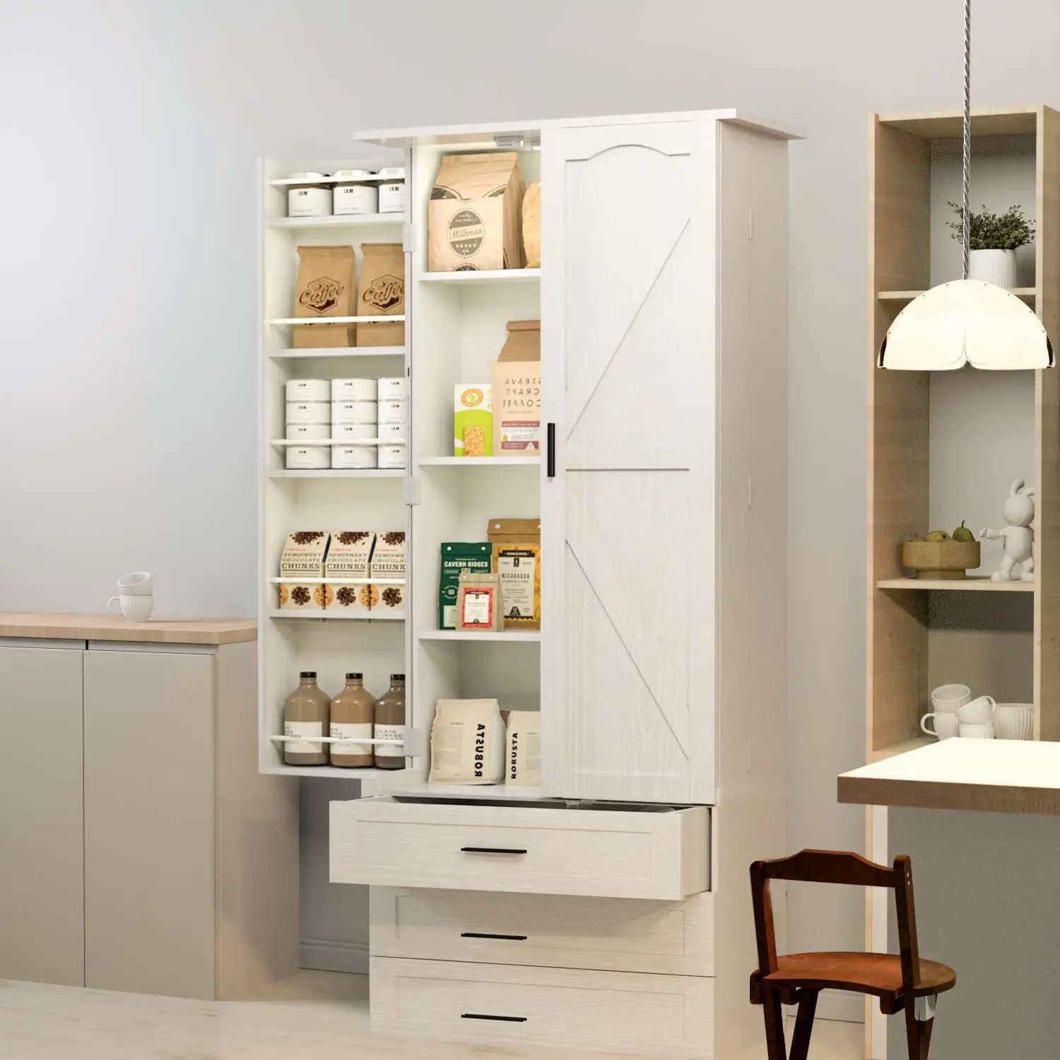 Kitchen Pantry Cabinet with 3 Drawers Farmhouse Tall Storage Cabinet Wood Food Pantry with Barn Doors and Adjustable Shelves Ver