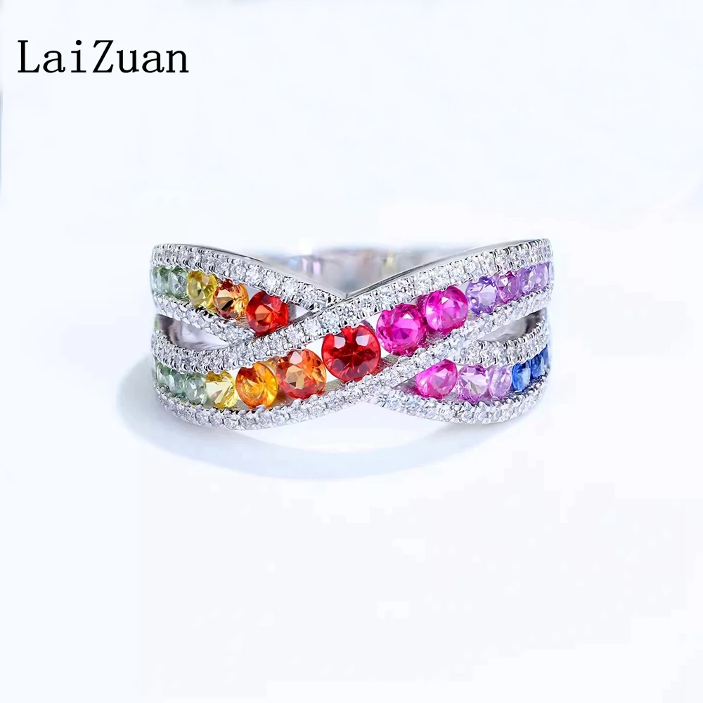 LaiZuan Real Color Sapphires Solid 18k Gold Ring Natural Diamonds X Shaped Cross Women Band Jewelry Atmosphere Luxury Antique