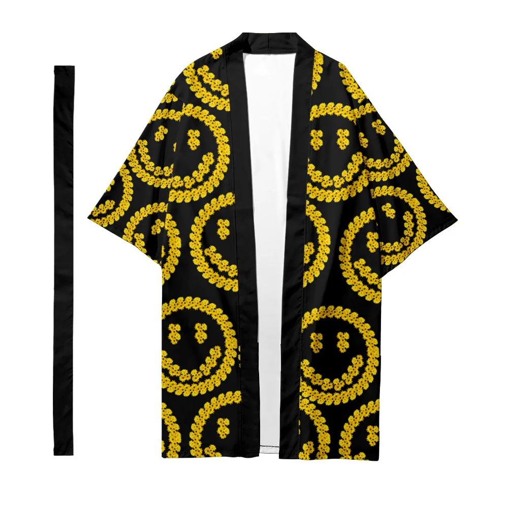 

Men's Japanese Long Kimono Cardigan Men's Samurai Costume Kimono Smile Floral Pattern Kimono Shirt Yukata Outer Cover