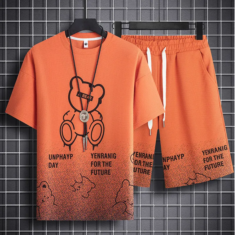 

Casual Bear Print ort Sve Set for Men Summer Leisure T-irt And orts Ensemble Polyester Fiber Teenage Size Five-Quart...