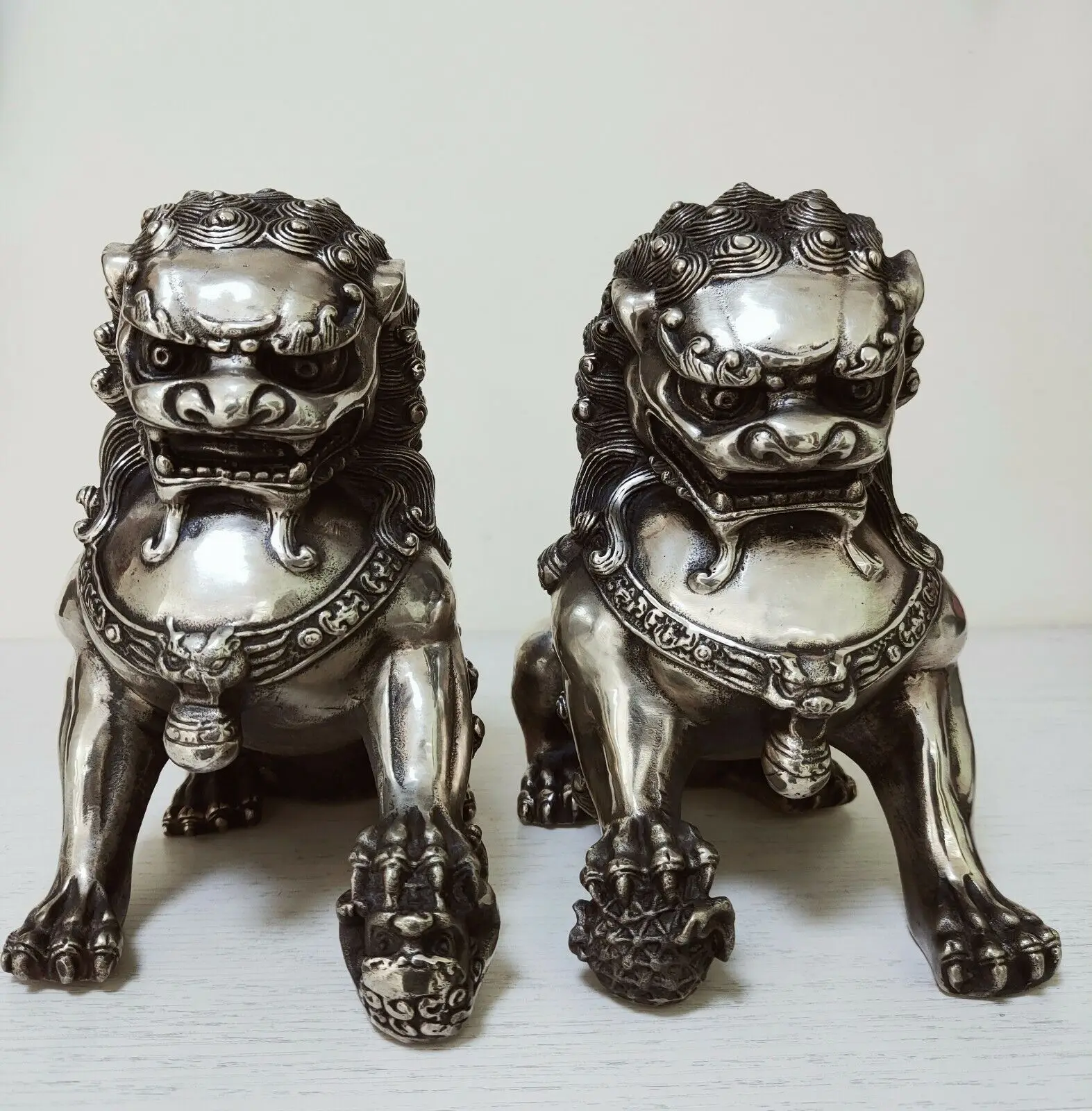 8inch Big Tibet silver Fu Foo Dog Guardian lion argent lucky Statue Pair