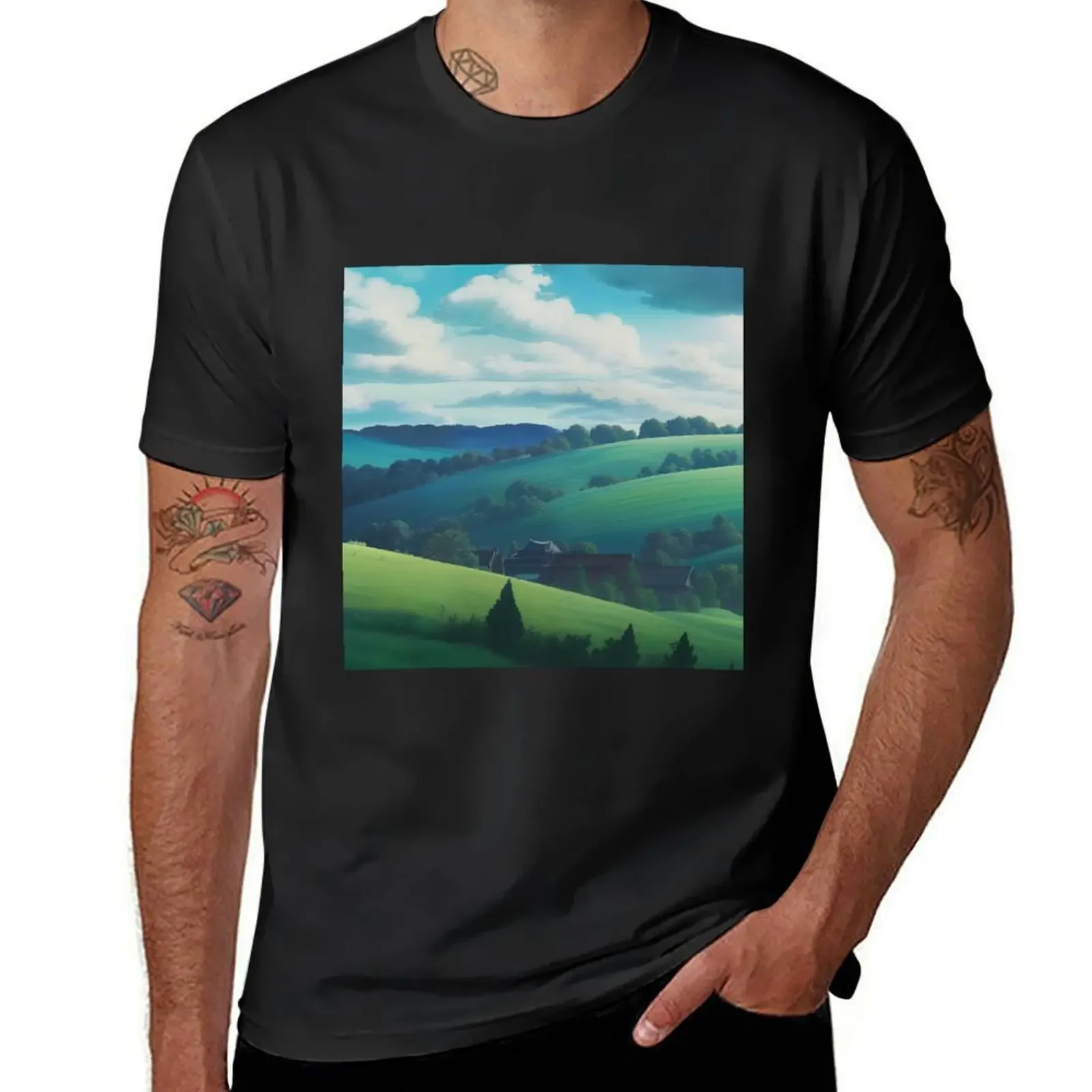 Ghibli Style Green Hills T-Shirt cotton graphic tees plus sizes clothing for men