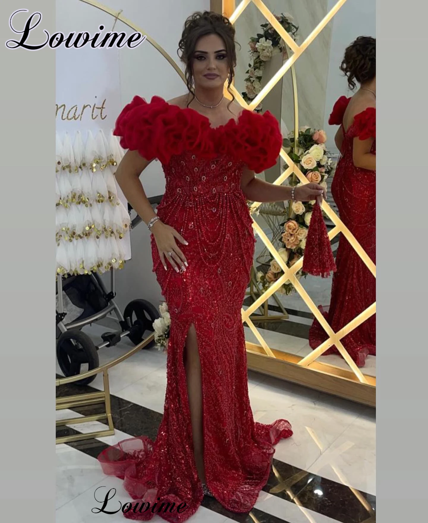 

Middle East Red Prom Dresses Mermaid Off Shoulder Cocktail Dresses With Crystals Vestidos De Cóctel Celebrity Dresses For Women