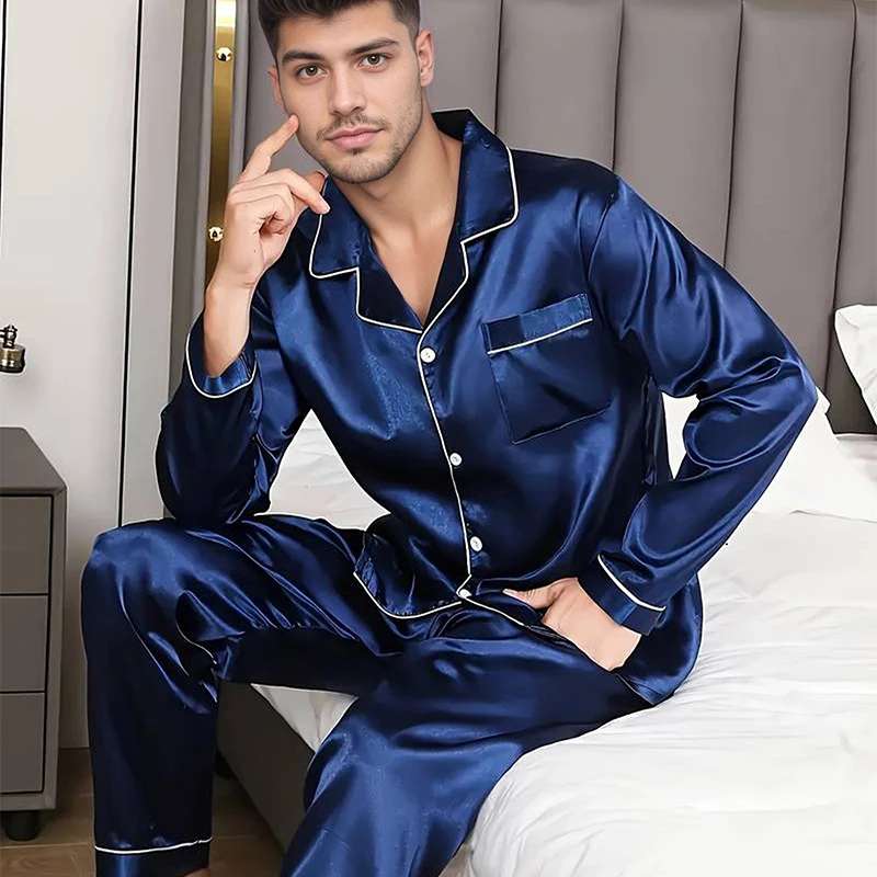 2026 Men's Satin Pajama Set For Men Long Sleeve Button-down Top With Long Sleep Pants Pajamas Summer Sleepwear Loungewear Pjs