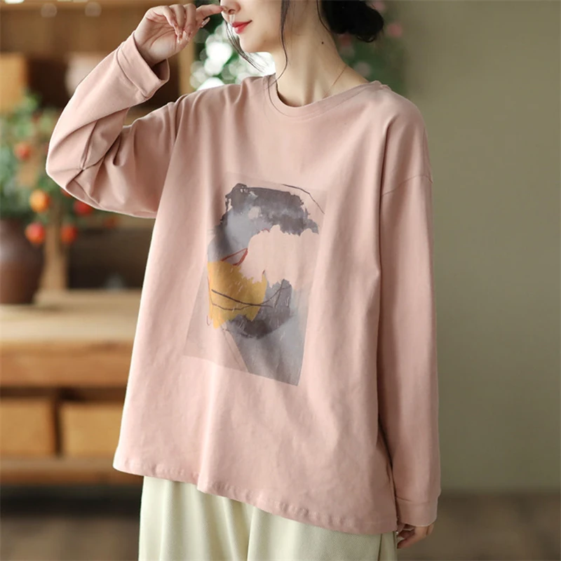 Abbigliamento donna primavera autunno stampa Vintage semplice Casual tutto abbinato t-shirt di base Y2K femminile O collo manica lunga in cotone sciolto top