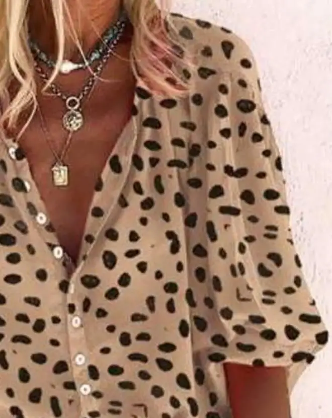 Women's Summer Shirt Black Irregular Dot Short Sleeved Lapel V-Neck Full Package Printed Button Design Casual Top