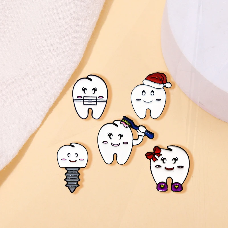 Screw Fruit Repairman Red Flag Unicorn Crown Healthy Tooth Badge Punk Metal Brooch Jewelry Gift Cute Tooth Pin Bow Tooth Doctor