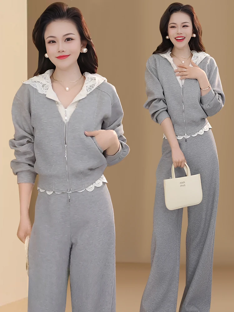 

Spring Autumn Women's Sporty Lace Trimmed Two-Piece Set Casual Style Long Sleeve Hoodie And Cardigan Button up Fashion Ensemble