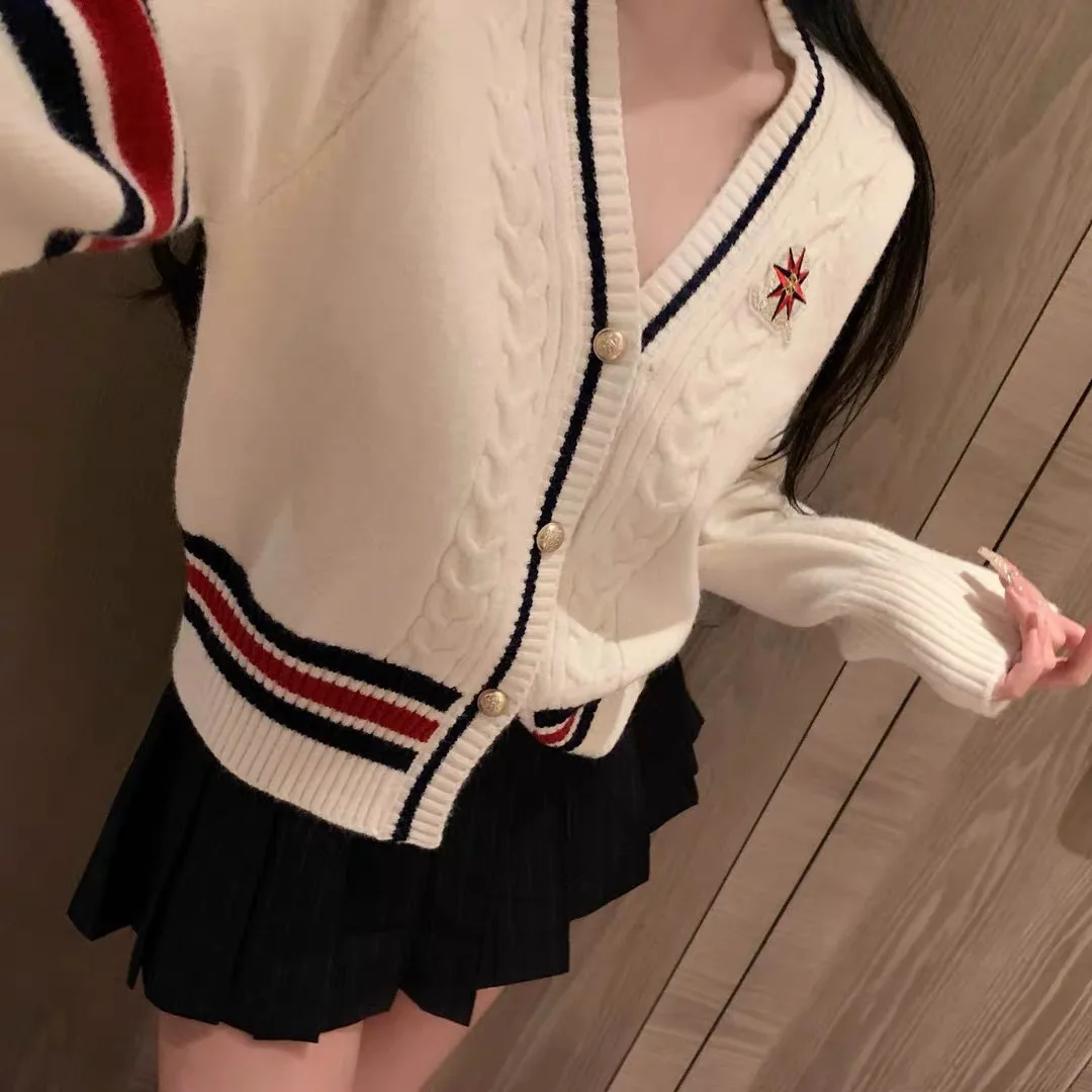 Bordado com decote em v camisola de malha cardigan feminino manga longa único breasted topos jumpers 2025 primavera elegante moda chique malhas