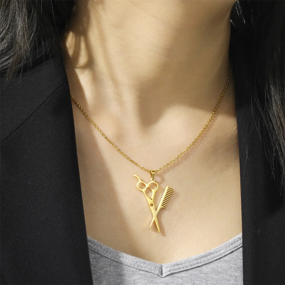 Lemegeton Stainless Steel Scissor Pendant Necklace for Women Hairdresser Stylist Scissors Comb Necklaces Punk Jewelry Gifts