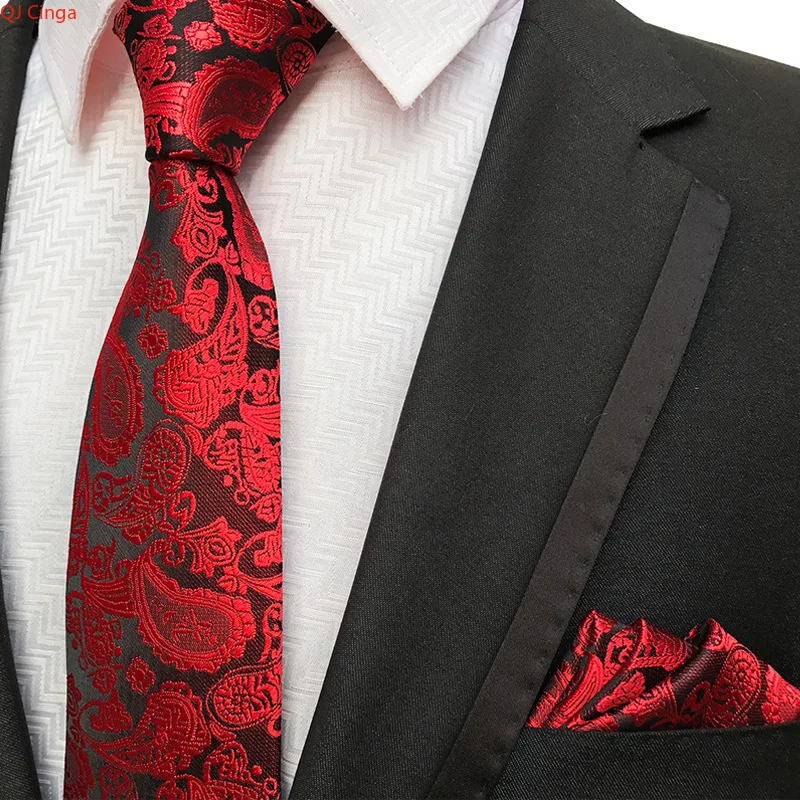 

Элегантный красный и черный мужской комплект с галстуком и карманами с узором пейсли, идеально подходит для официальных случаев и свадебной одежды