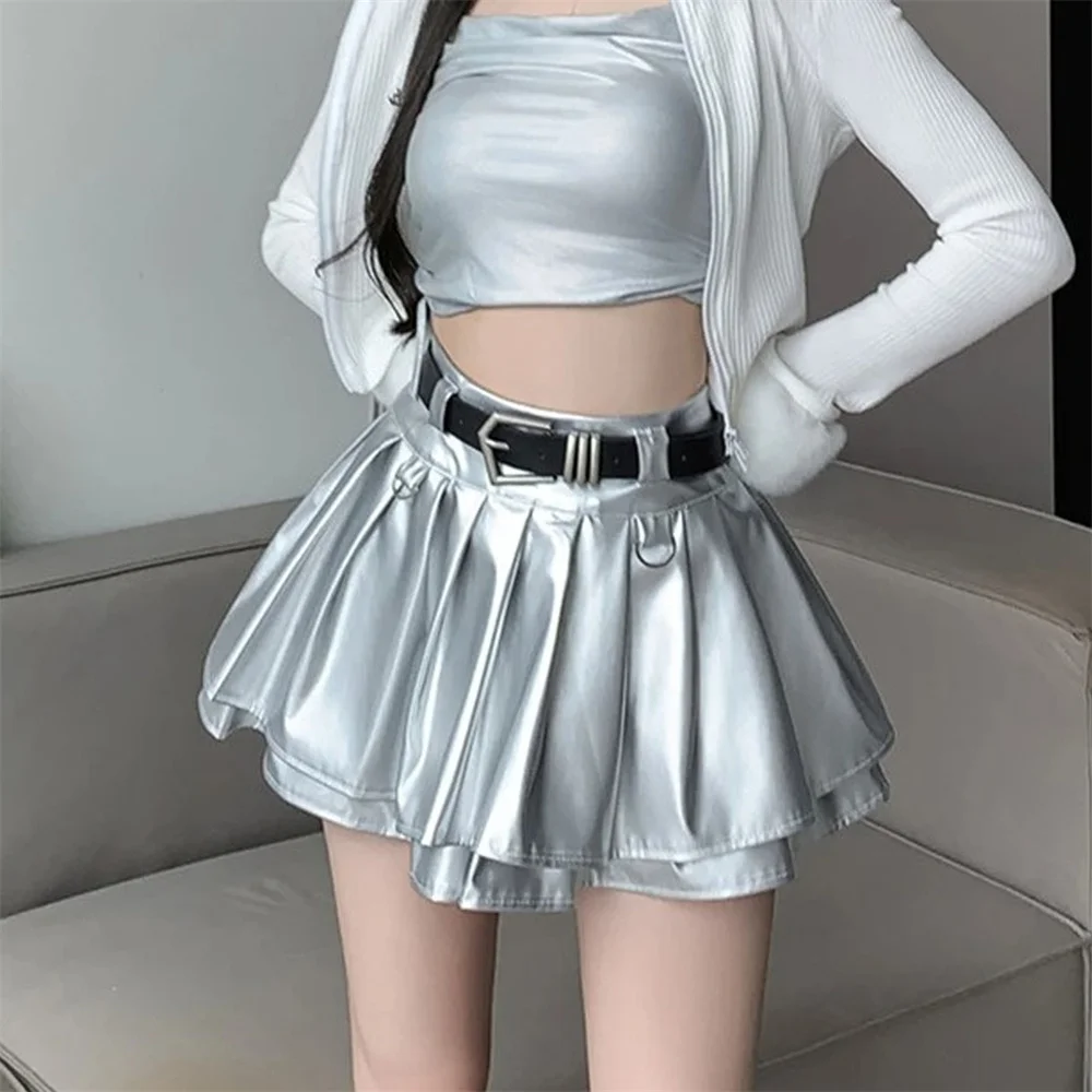 Women's A-line Silver Black Pleated Skirt Vintage 90s Aesthetic Y2k Mini Harajuku Punk Mini Skirt Summer 2000s Cutecore Clothes