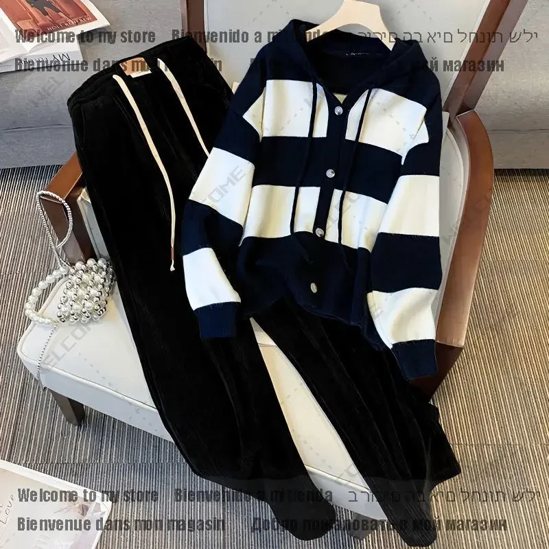 Women's Pants Set Casual Sportswear Hooded Knit Pullover Sweater Elastic Waist Wide Leg Trousers 2pcs Track Suit