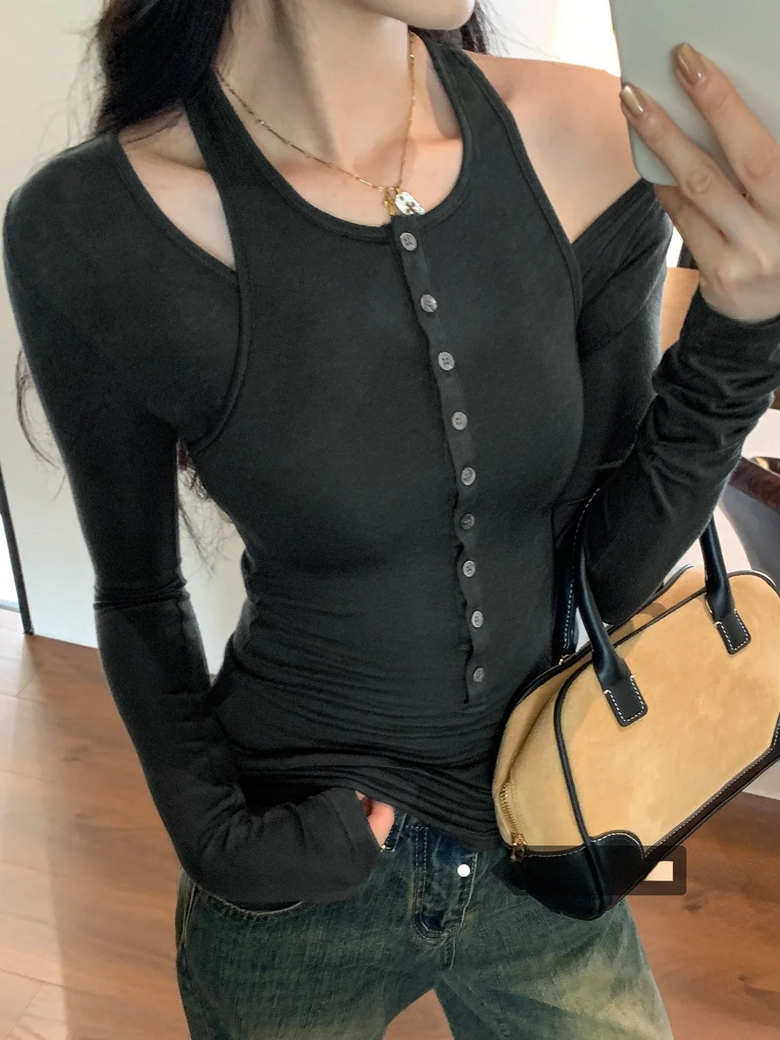 

Lelsier, шелковая шерсть, осенний многослойный комплект из двух предметов, базовая футболка, женская футболка, новинка 2025 года, утягивающая внутренняя одежда, топ French Sle Univer...