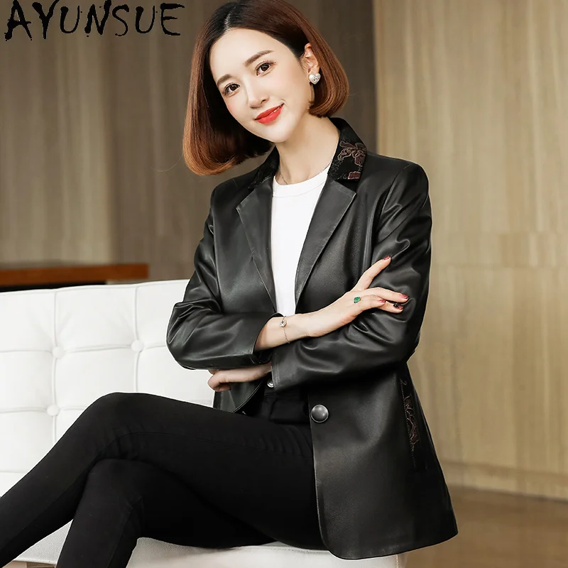 AYUNSUE 100% Real Leather Jacket Women Genuine Sheepskin Leather Coat Elegant Mid-length Leather Jackets for Women Floral Coats