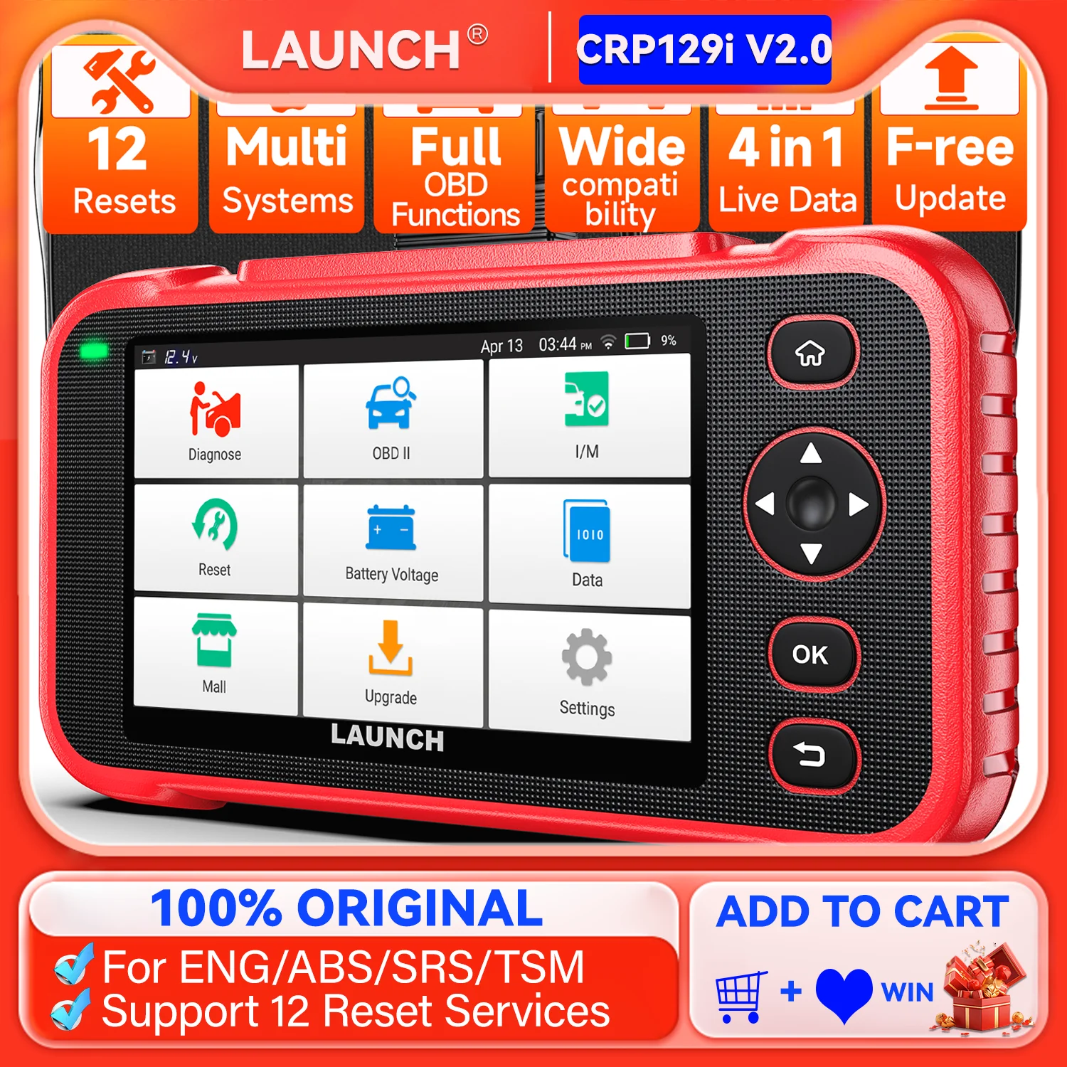 LAUNCH CRP129I V2.0 OBD2 Scanner 4 Systems Scanner with 12 Reset Functions TPMS/EPB/ ABS Bleeding/ DPF/SASThrottle/Inject Coding