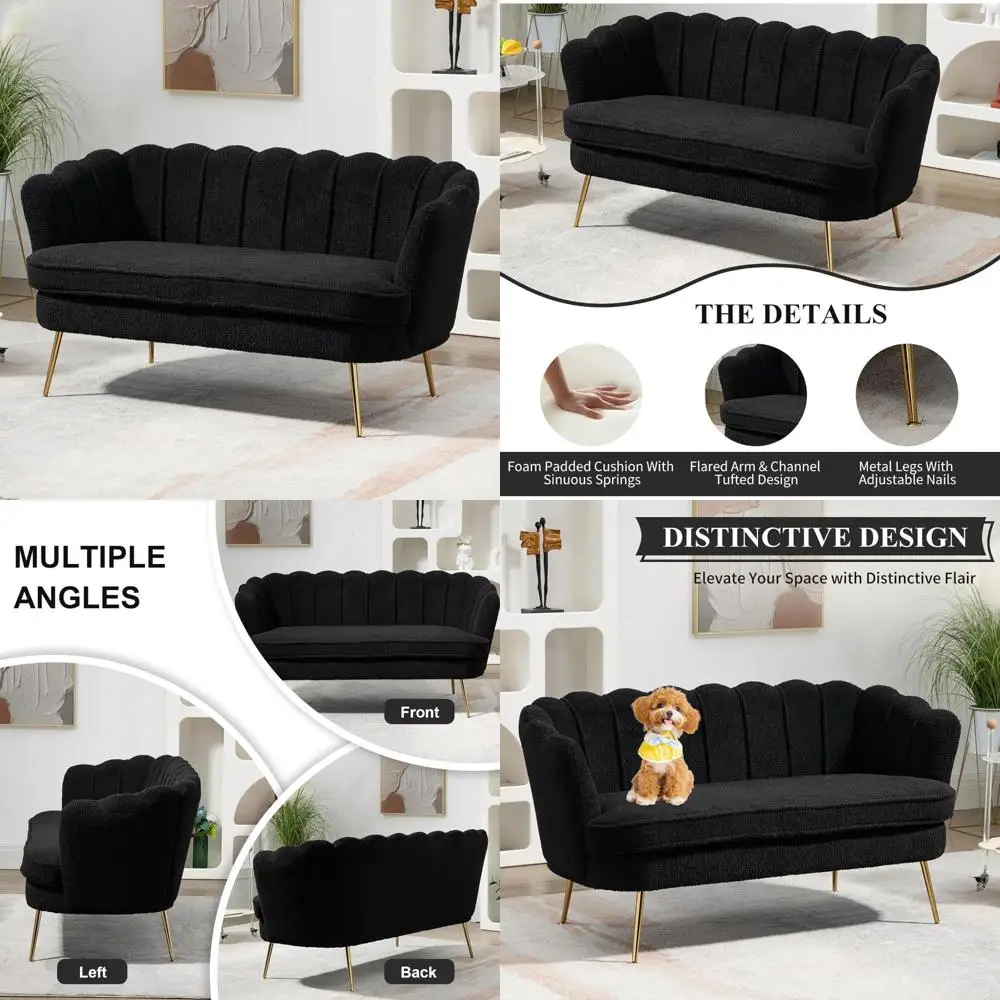 أريكة بمقعدين حديثة بتصميم بتلات، أريكة منجدة صغيرة بأرجل ذهبية، مثالية للترفيه والراحة في الغرف الصغيرة #1