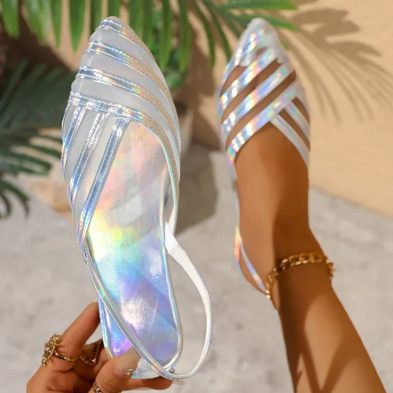 Women's Slingbacks Pointed Toe Flat Heel Metallic-Look Shine Mesh Upper Strappy Design Slip-On Casual Daily Outfits Selections