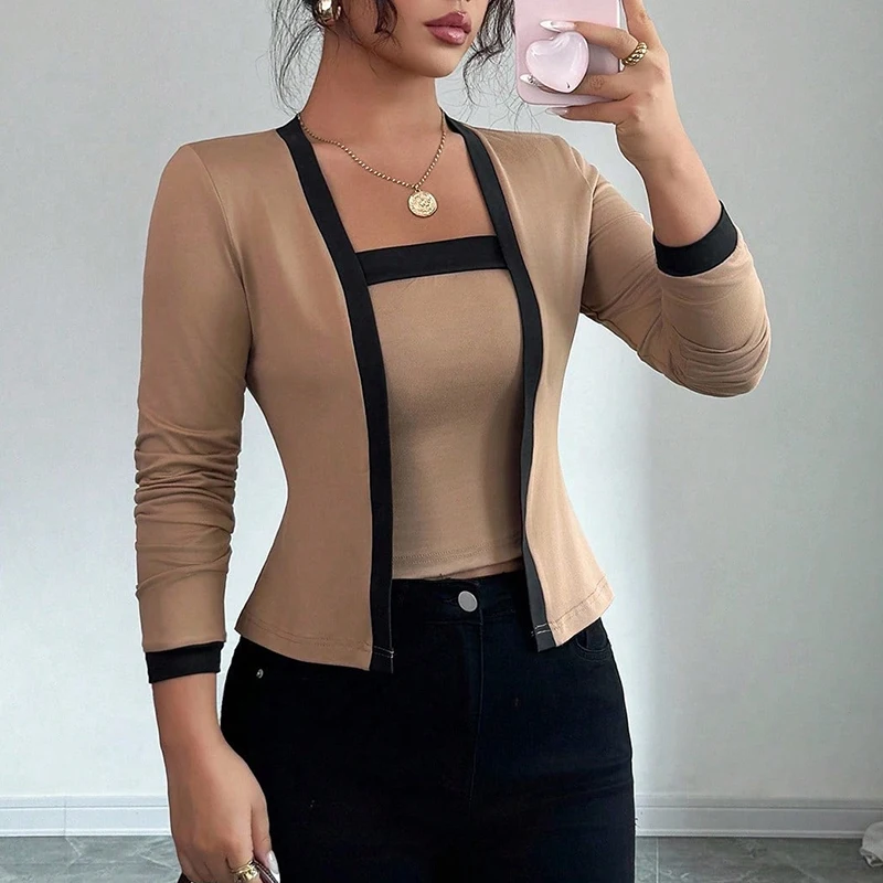 

New Fashion Long Sleeve Short Jacket Coat Slim Vest Suit Women Elegant Spring Autumn Tops Two Piece Set Female Office Outfits