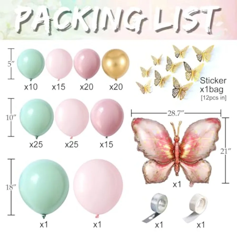 الربيع فراشة بالون قوس Kit137Pcs الباستيل الوردي الأخضر الذهب بالون جارلاند مع ثلاثية الأبعاد فراشة ملصق كبير فراشة احباط الكرة