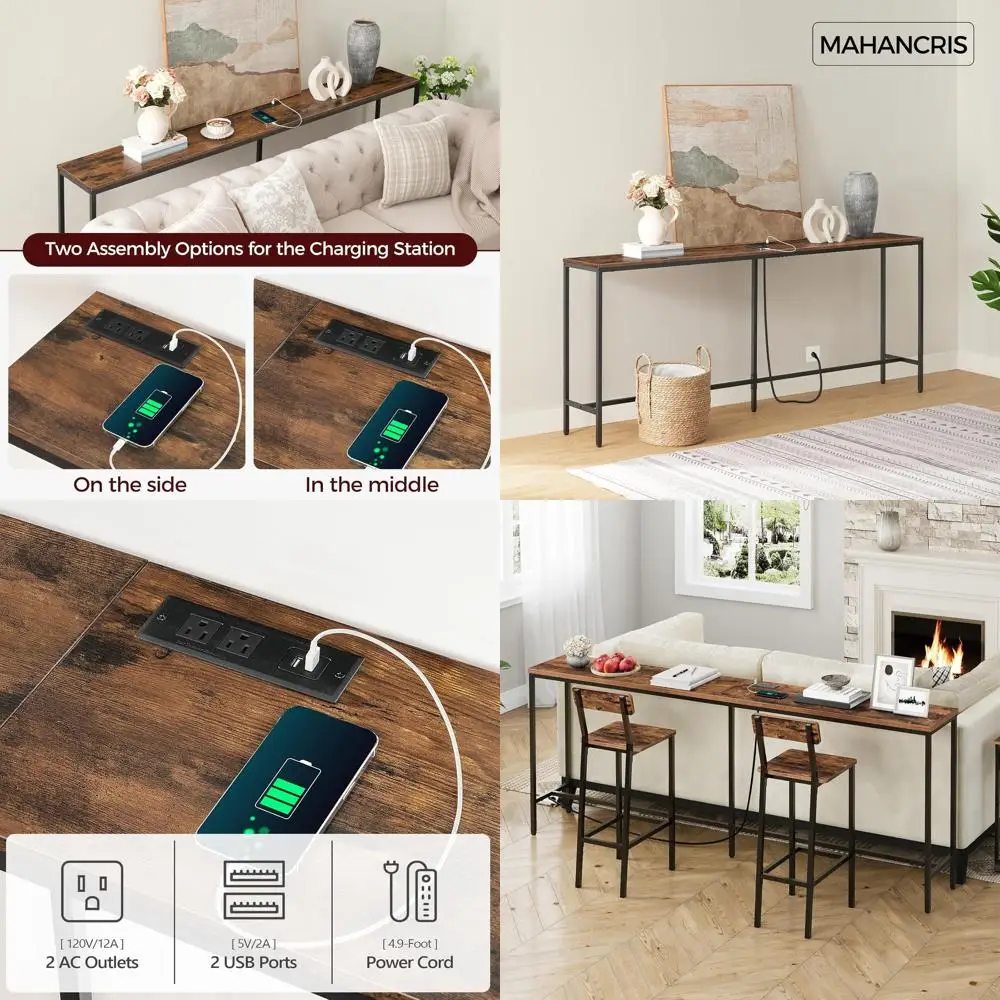

78.7 Power Outlet Console Table, 11.8 Wide Sofa Side Table, USB Port Industrial Entryway Furniture, Ideal for Behind Sofa in Ent