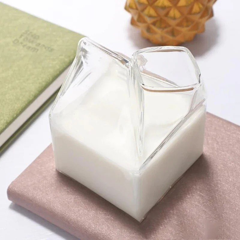 1Pcs Glass Creamer Box Heat Resistant Cartoon Mini Square Milk Carton Container Cup 380ml High Boron Glass Water Cup