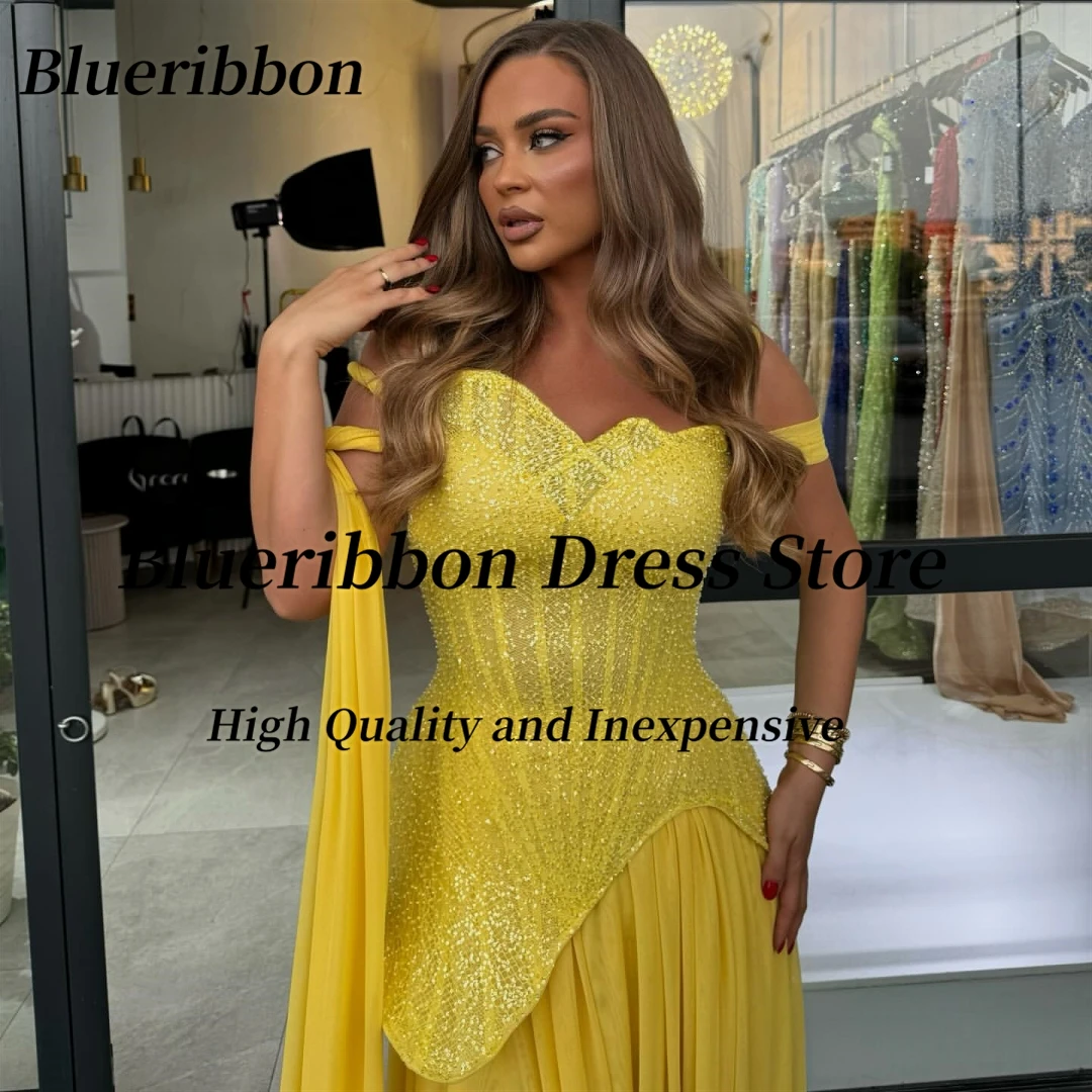 Blueribbon Galajurken 2025, gele chiffon, lange avondjurken met ruches, off-shoulder bruiloftsgastenjurk op maat