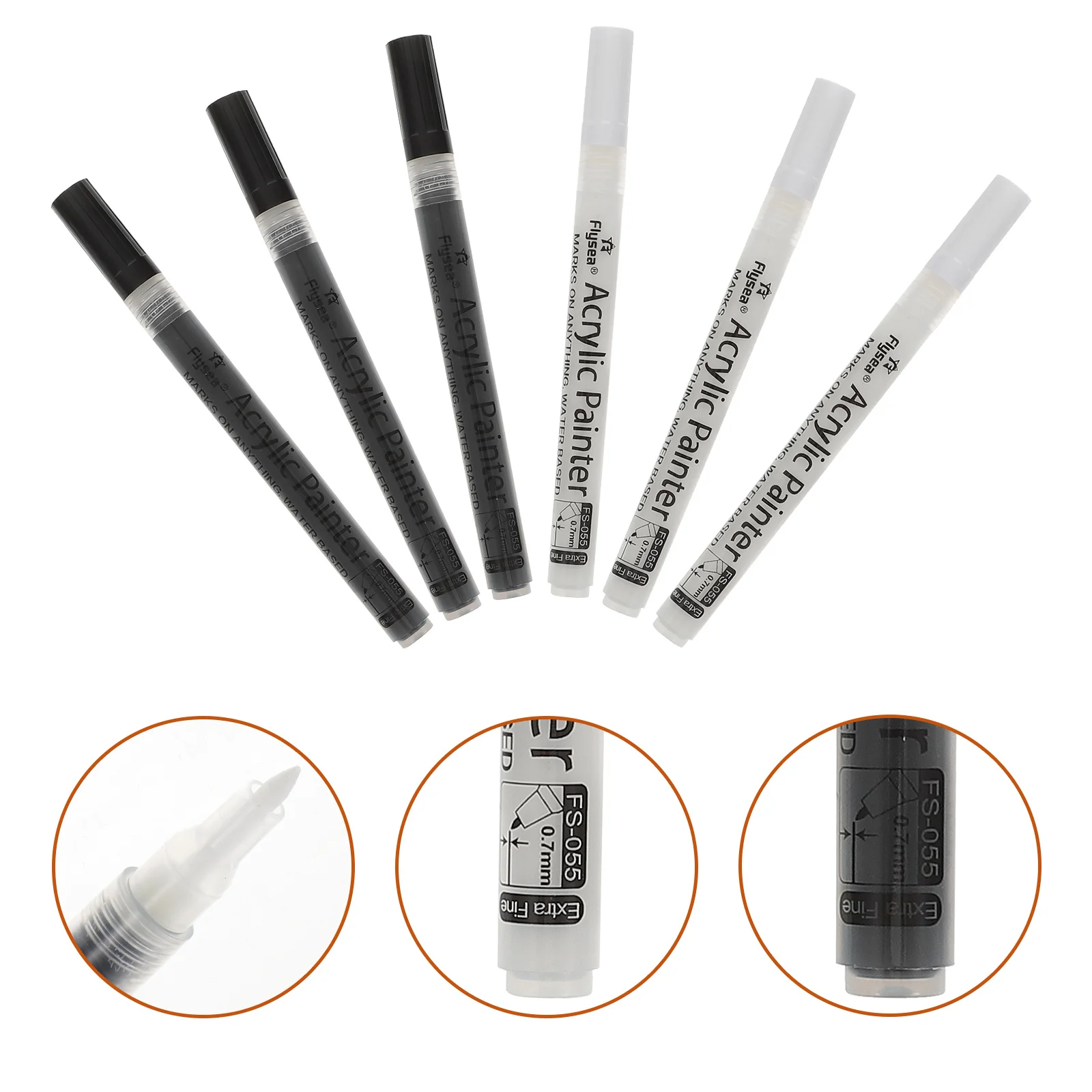 

6Pcs Acrylic Marker Pens Odorless Non Leak Safe for Kids Adults Painting Drawing Note Taking Art Supplies Colored White Black