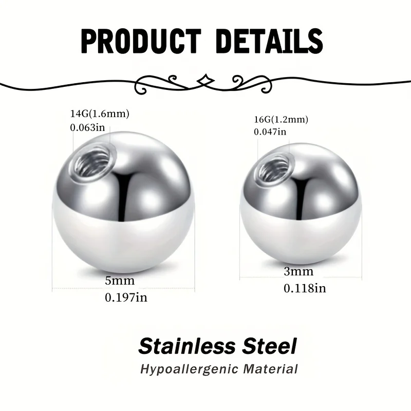 2pcs Piercing Replacement Balls Stainless Steel And Acrylic 3mm 5mm Screw Balls 14G 16G Barbell For Body Piercing For Men