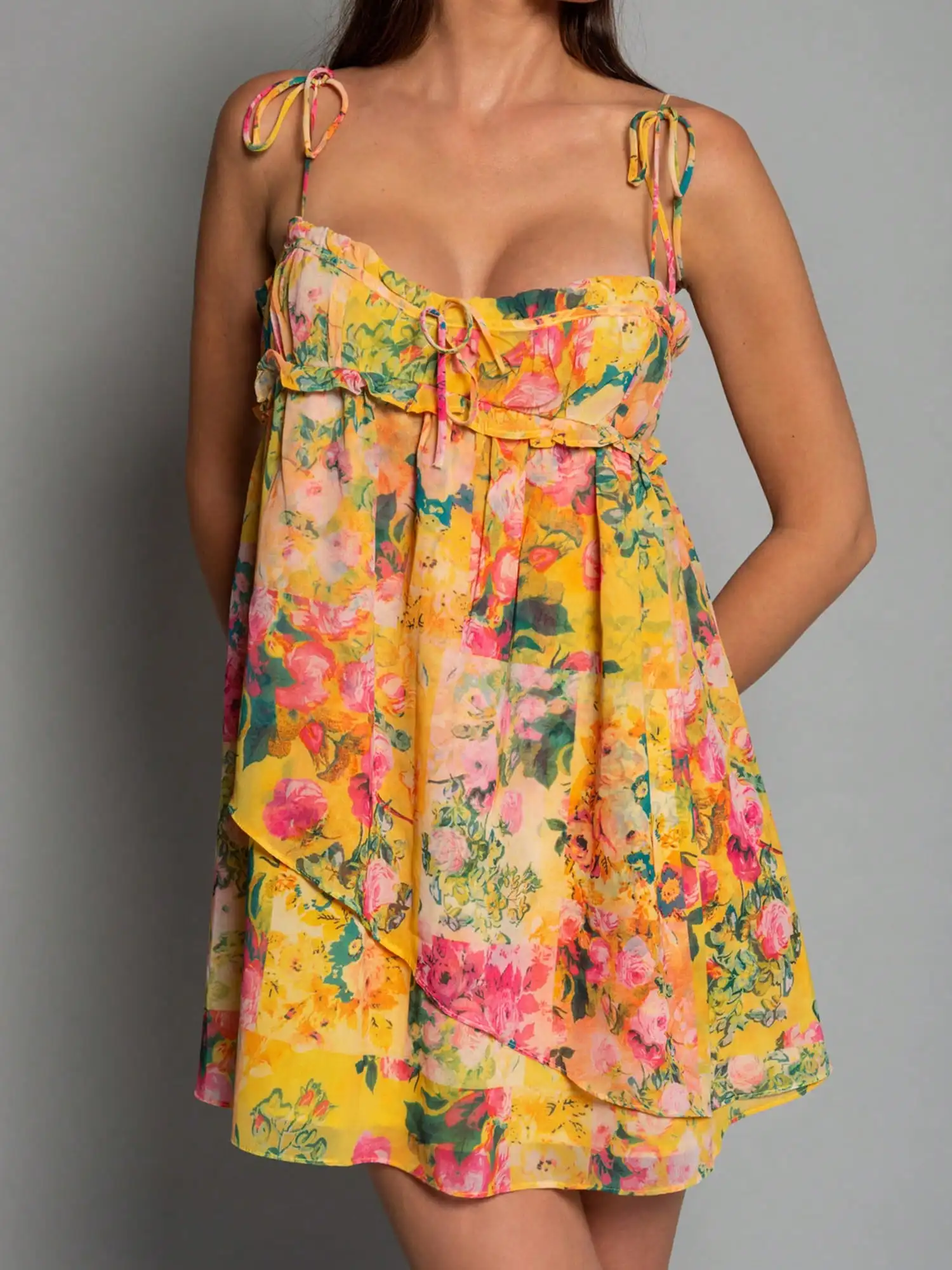

Women's Yellow Floral Print Loose Beach Dress with Adjustable Straps
