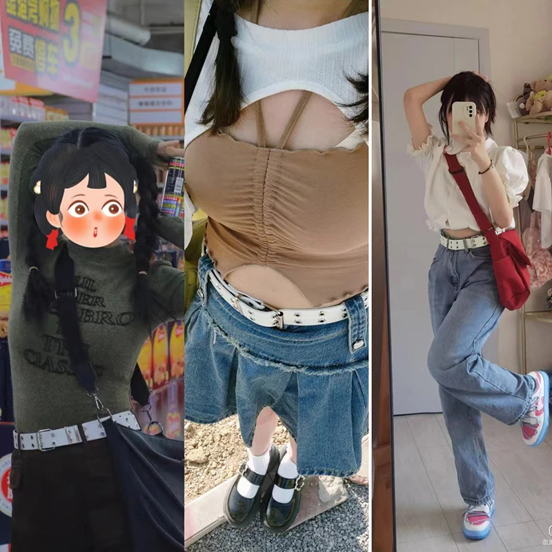 Fashion Men Women Punk Style Chain Belt Adjustable Hollow Star Double Breasted Buckle Metal Buckle Leather Jeans Waistband