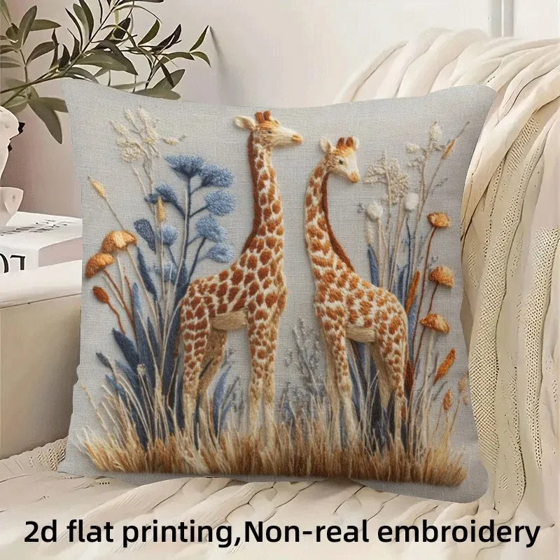 African Giraffe Animal Cushion Cover 2D Flat Printed Peach Skin Faux Embroidery Throw Pillowcase For Sofa Living Room Decor