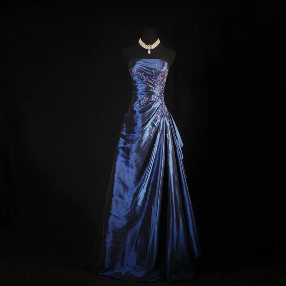 Eeqasn Vintage-Abendkleid in Marineblau, trägerlos, A-Linie, asymmetrisch, mit Perlen an der Seite, Hochzeitskleid, maßgeschneidert für besondere Anlässe