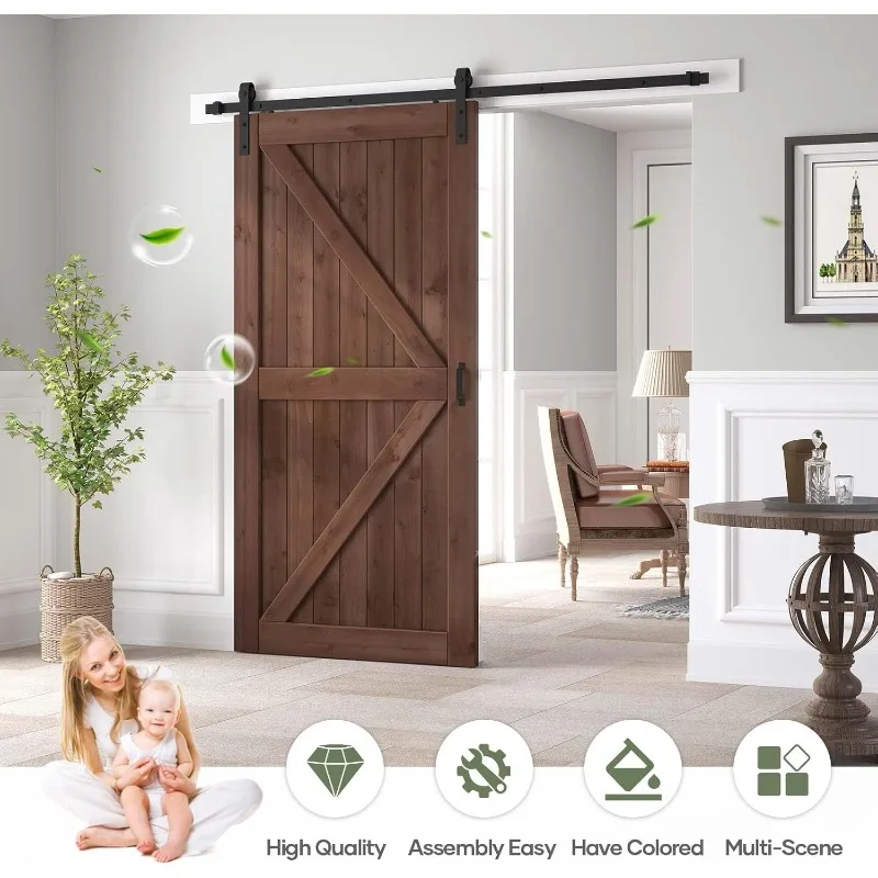 Barn Wood Door Slab with 7ft Hardware Kit and Handle, Coffee, K Shape, Simple DIY Assembly