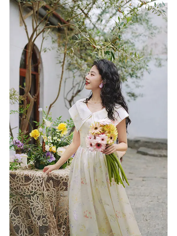 86-94cm bustsummer vestido longo feminino vintage elegante fino dupla camada turn-down colarinho floral impressão cintura alta grande balanço vestido